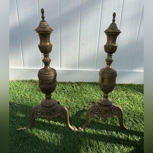 Pair of Vintage‎ Brass Andirons Ornate Very Nice